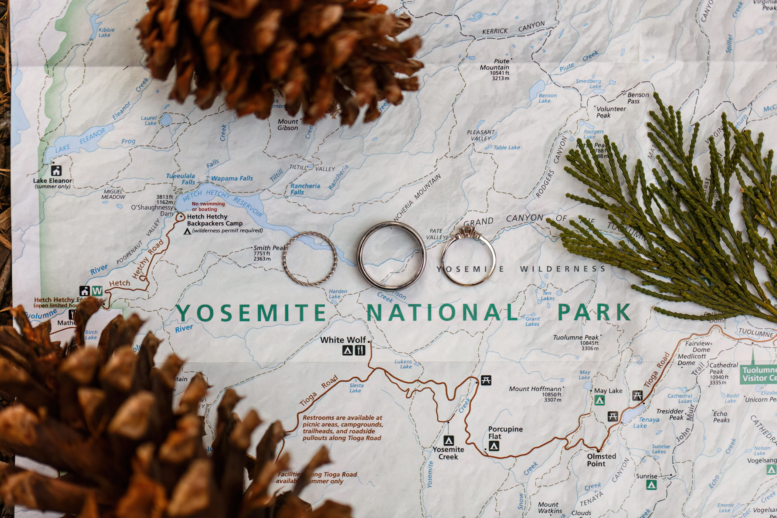 the couples' wedding rings on top of a map of Yosemite