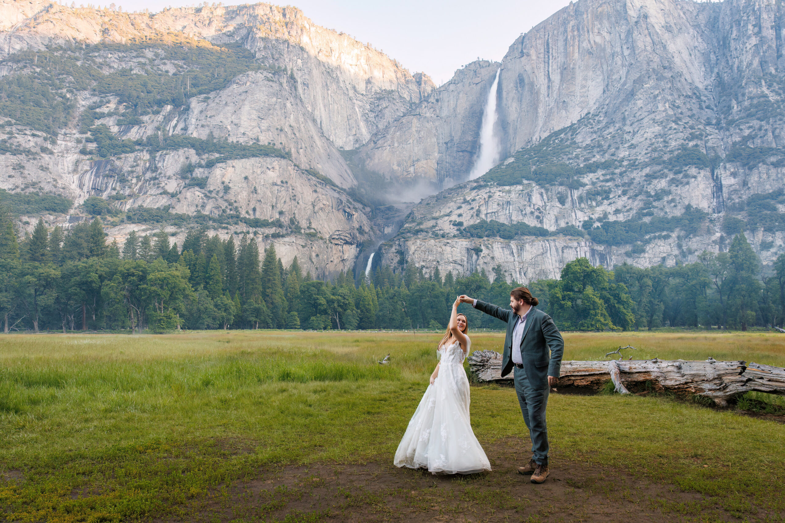 newly weds dancing together during their after session in Yosemite
