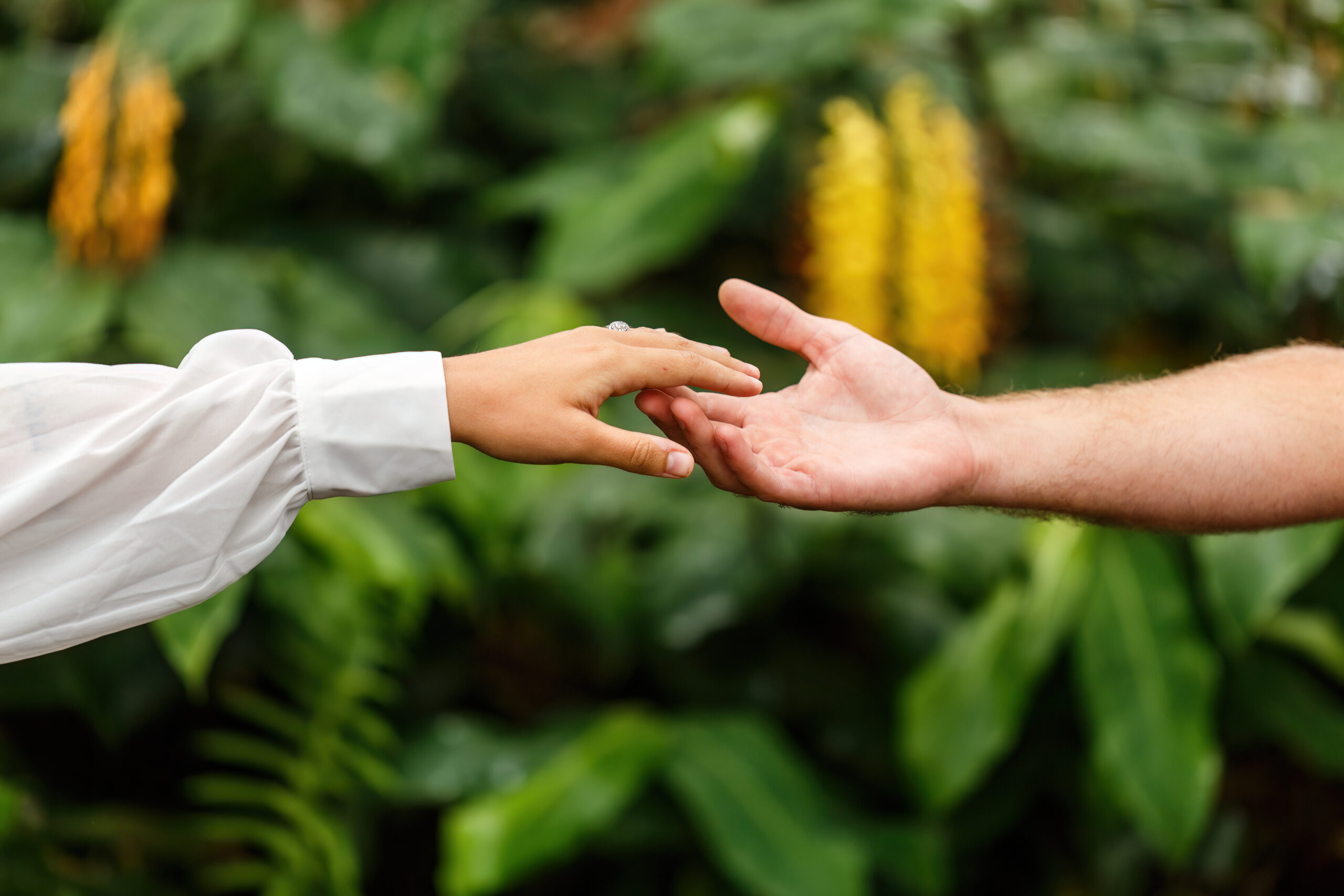 a man and woman's hands touching as they reach for each other