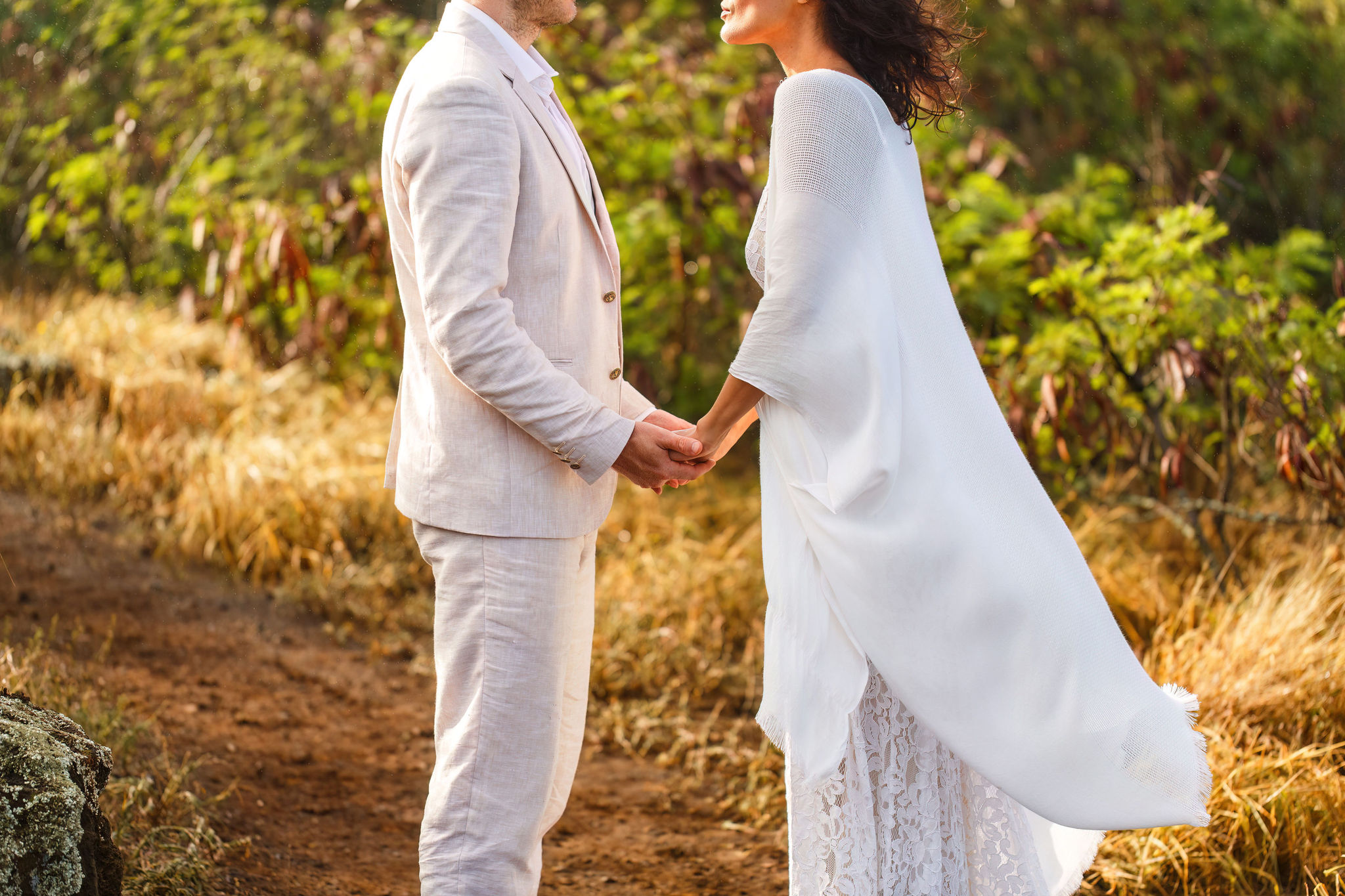 a couple holding hands in Hawaii's wilderness