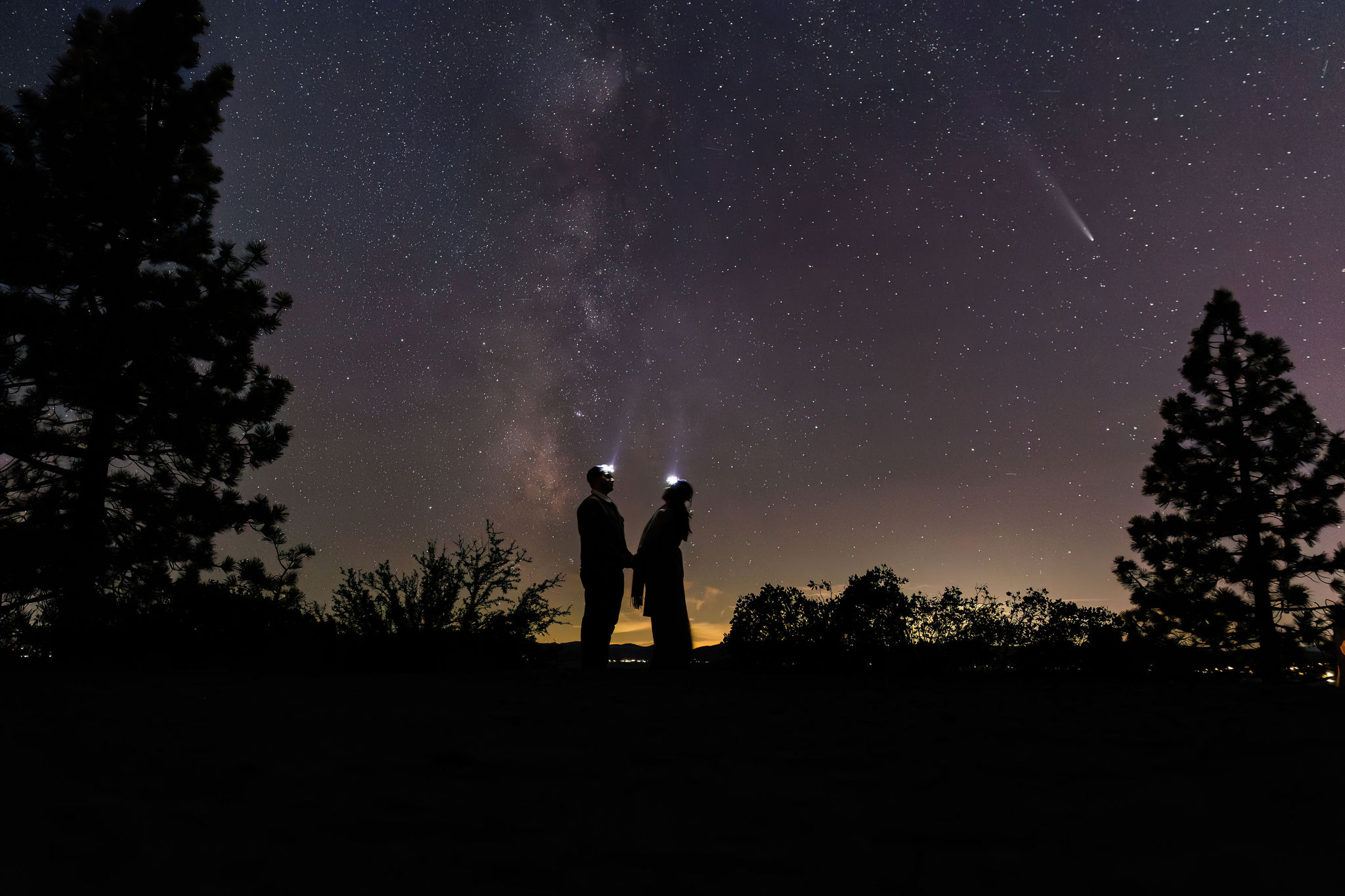getting creative with the couple as they wear headlamps and look up to the sky