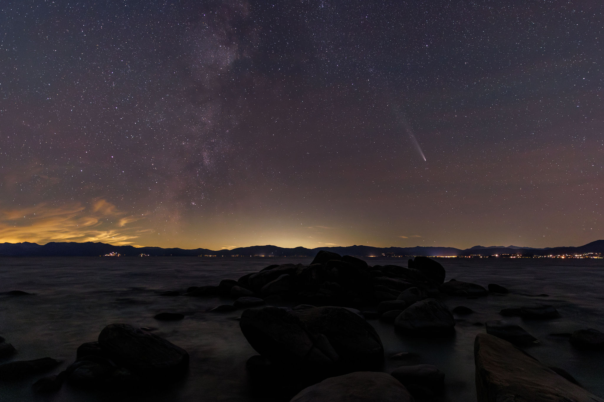 lake Tahoe at night with the milky way above
