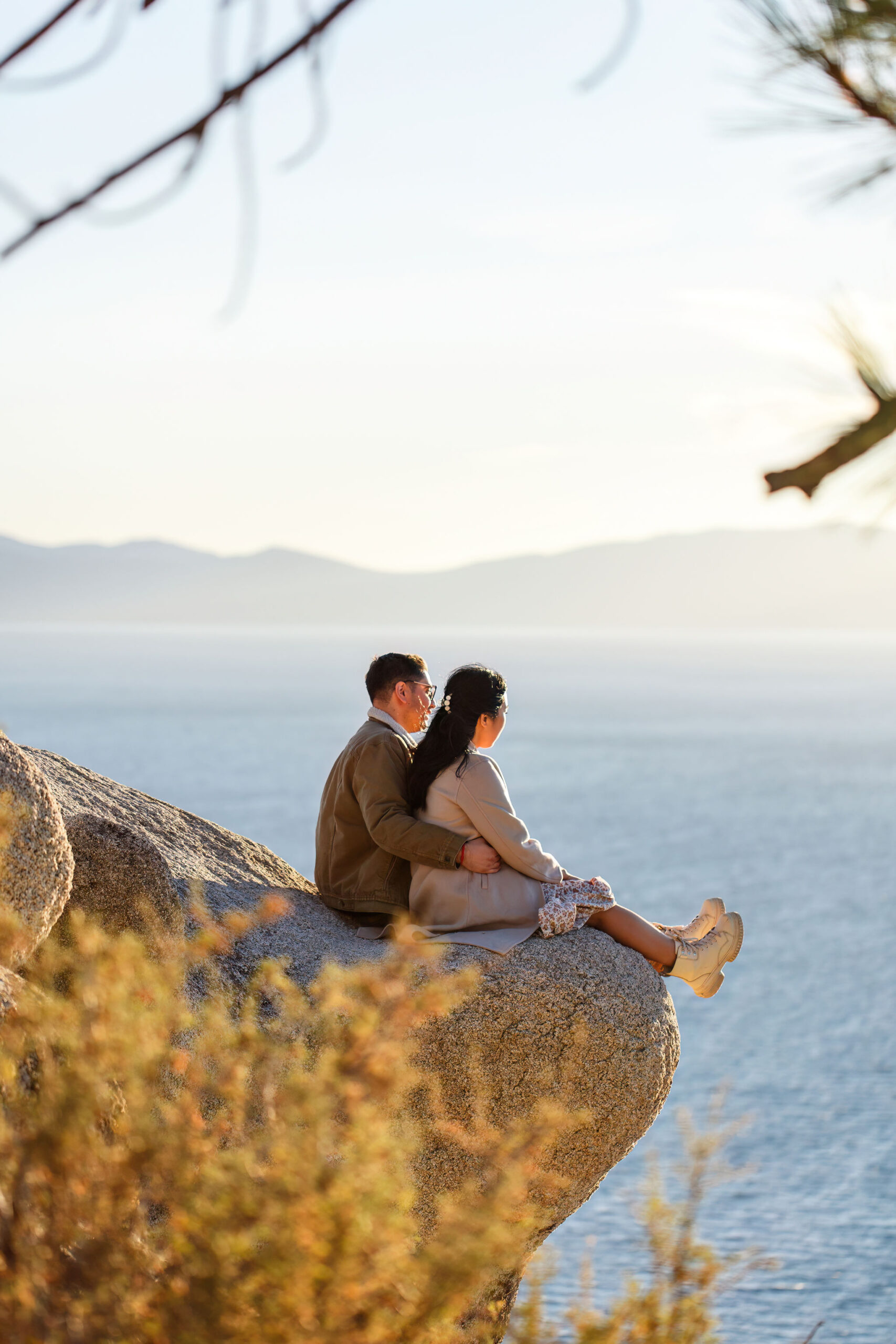bridal couple enjoying the view in Lake Tahoe during their adventure elopement