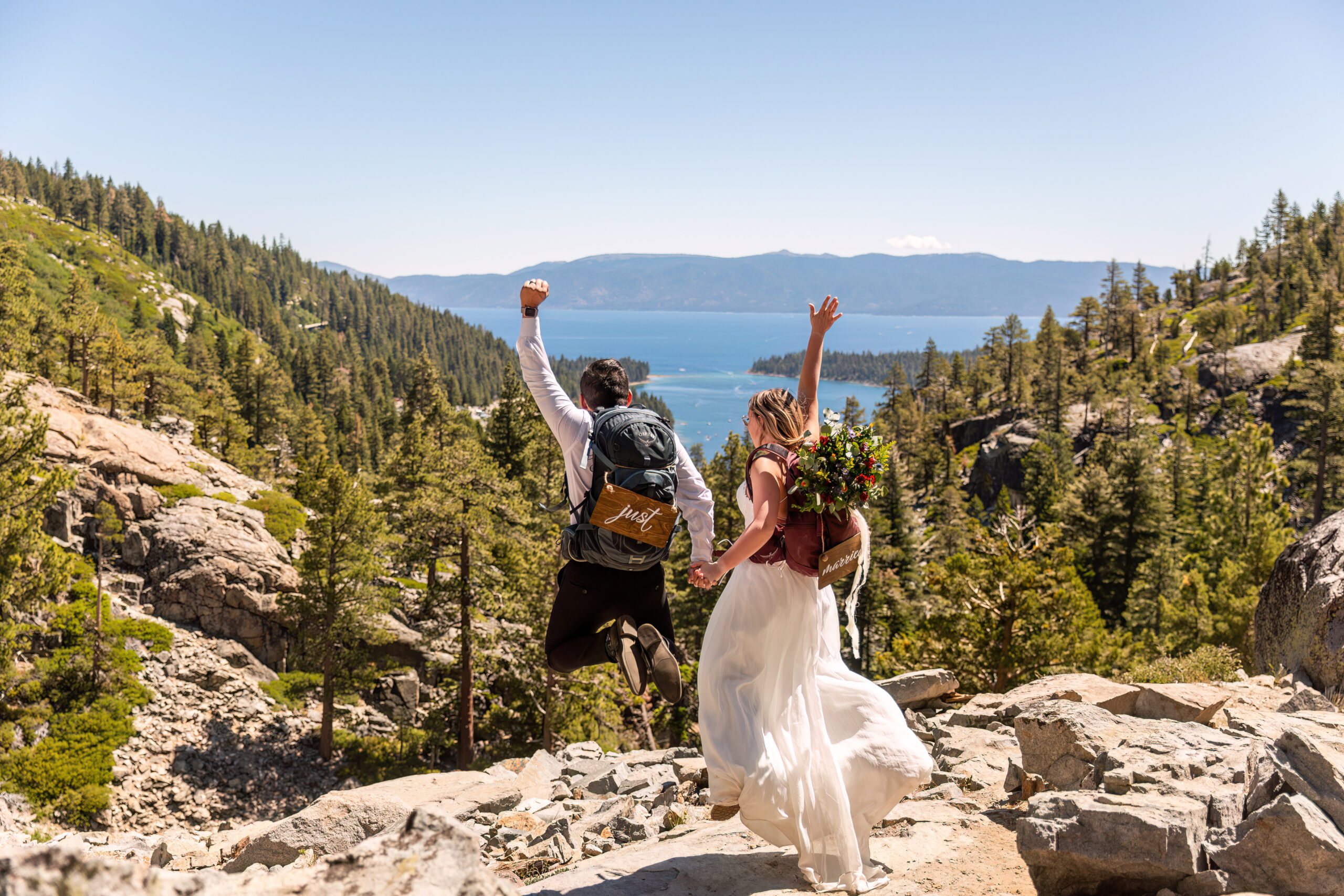 newly weds hiking together
