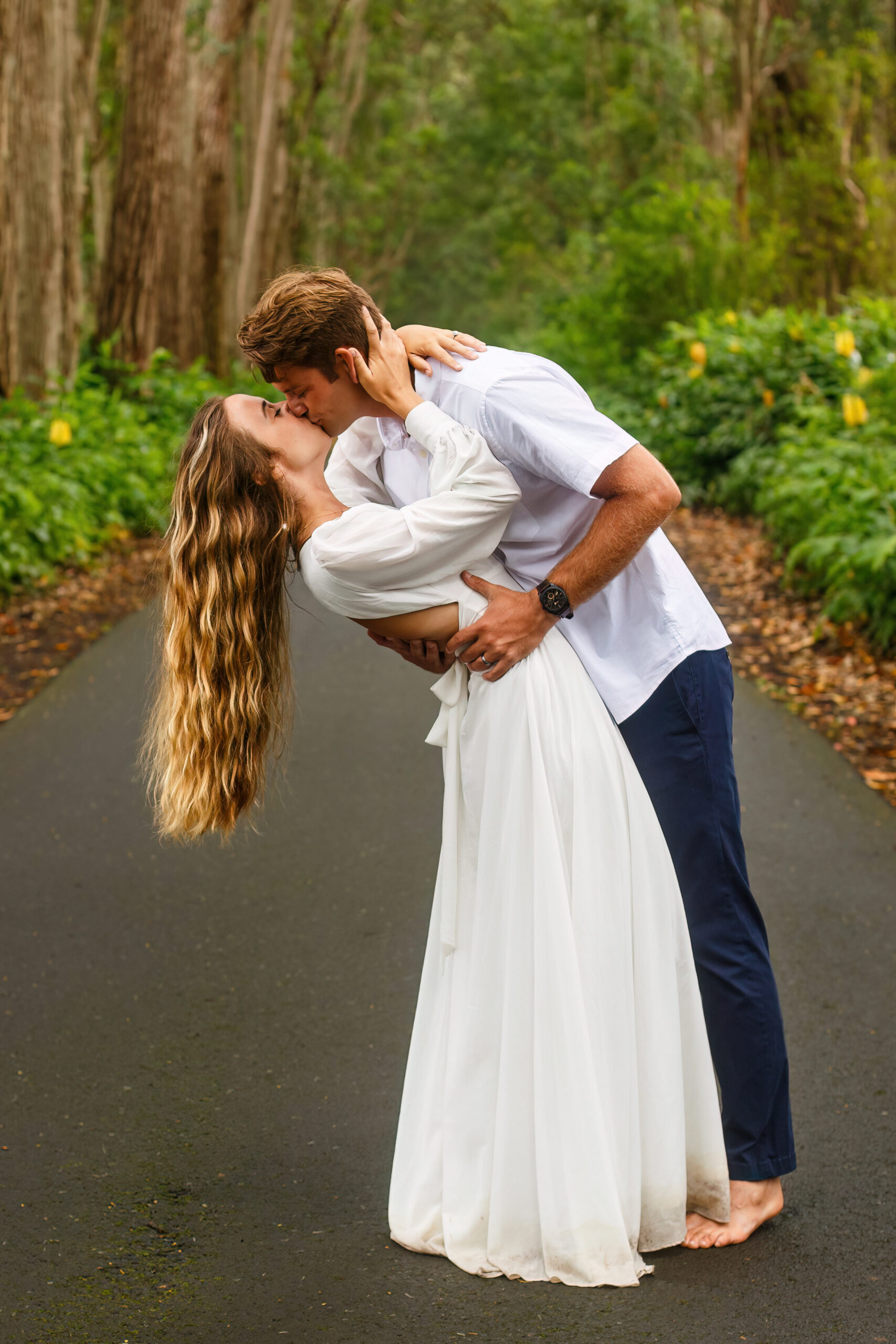 a man dipping a woman during their elopement portraits