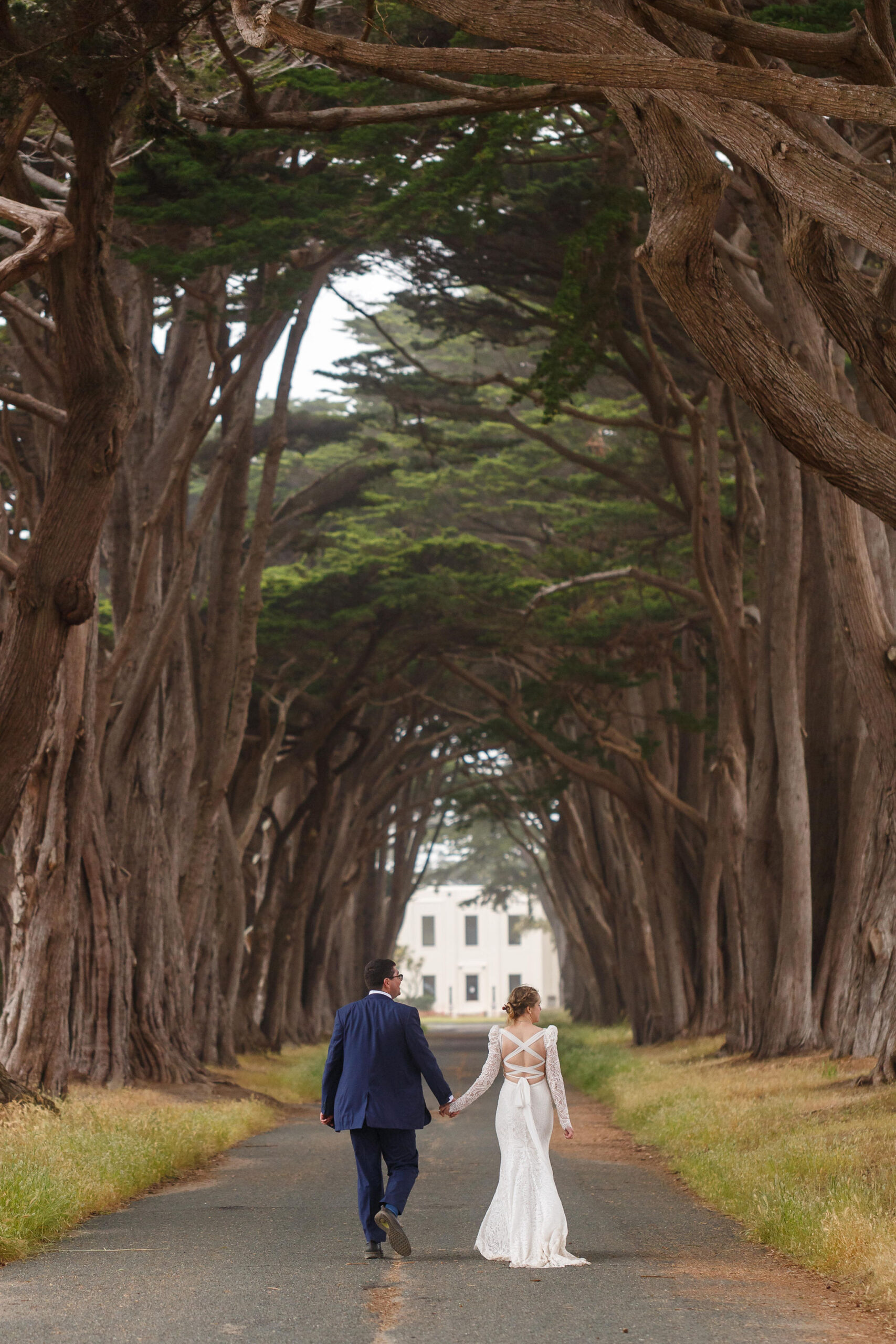 a couple holding hands as they walk through a tunnel of trees during their Point Reyes elopement