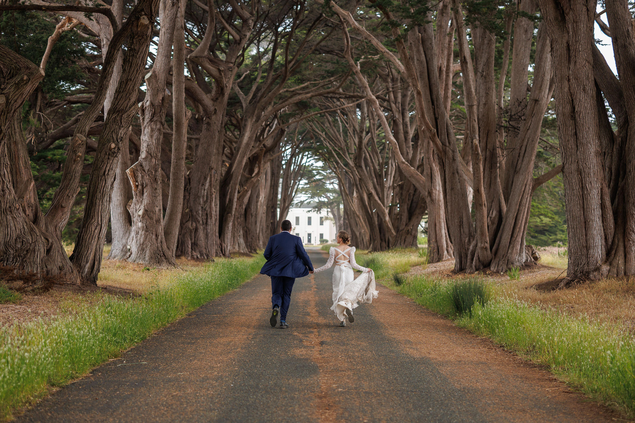 newly weds running down the road with the trees overhead