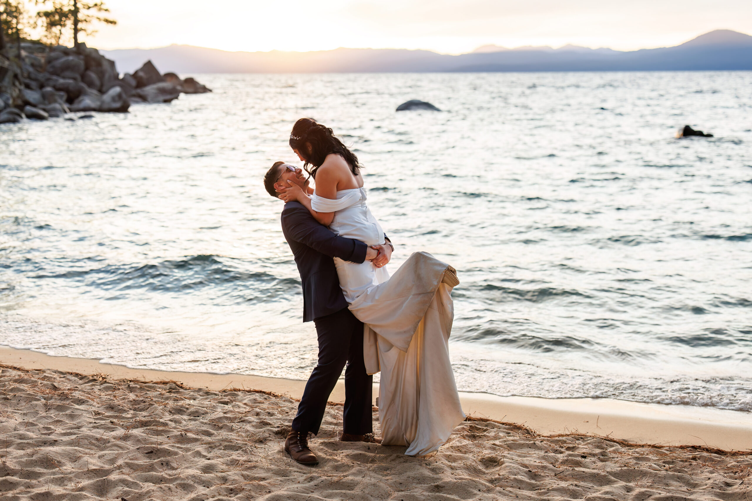 newly weds on the beach in lake tahoe